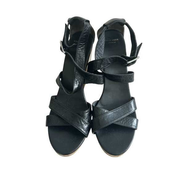 COLE HAAN Black Leather Cork Wedges Size 11 - Picture 3 of 12